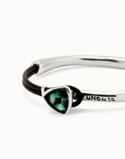Bangle bracelet with leather and green crystal