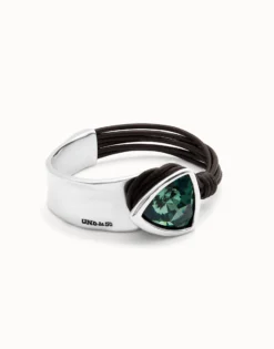 Bangle bracelet with leather and green crystal