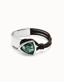 Bangle bracelet with leather and green crystal