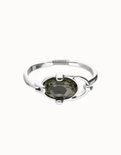 Bangle bracelet with oval faceted gray crystal
