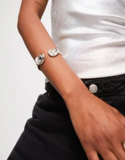 Bangle bracelet with two white crystals