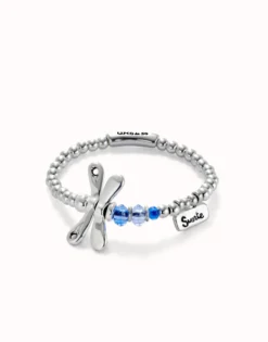 Beaded stretch bracelet with a dragonfly and blue crystal