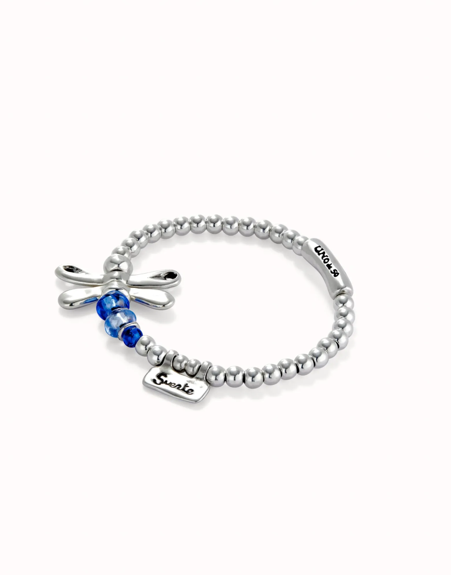 Beaded stretch bracelet with a dragonfly and blue crystal
