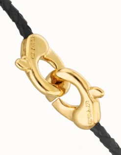 Black leather bracelet with interlocking carabiner