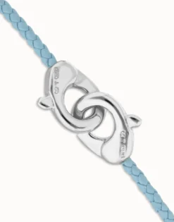Blue leather bracelet with interlocking carabiner