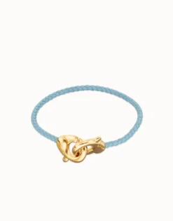 Blue leather bracelet with interlocking carabiner