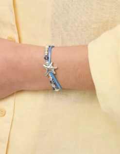 Blue silk thread and metal bracelet with starfish
