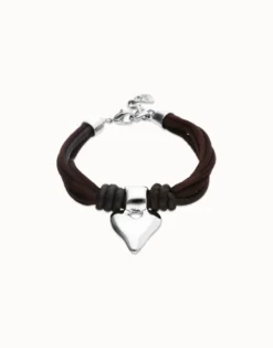 Bracelet in silk thread and brown leather with heart