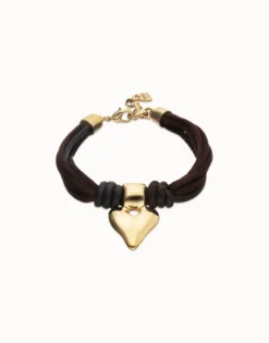 Bracelet in silk thread and brown leather with heart