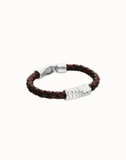 Brown braided leather bracelet with a metal detail
