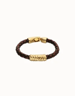 Brown braided leather bracelet with a metal detail