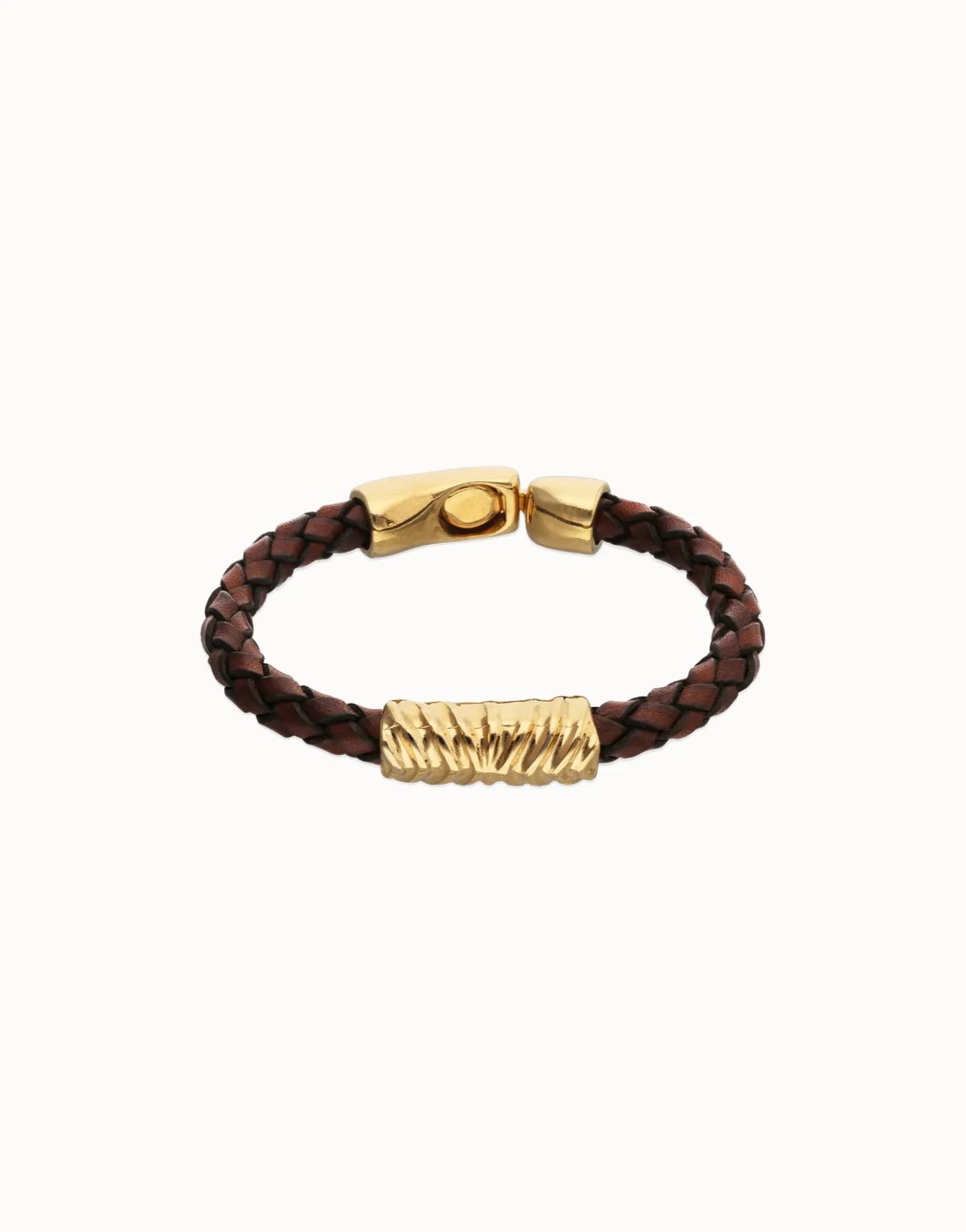 Brown braided leather bracelet with a metal detail