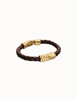 Brown braided leather bracelet with a metal detail