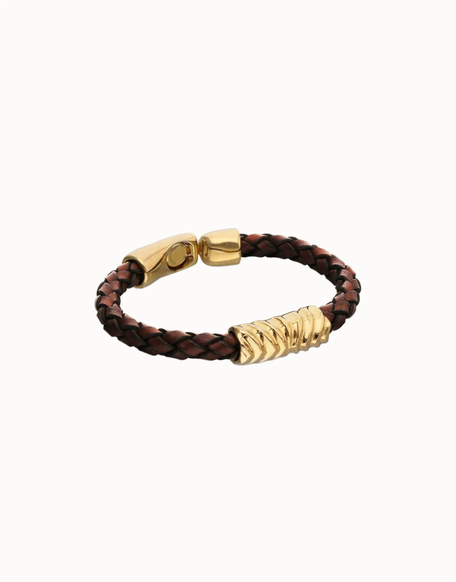 Brown braided leather bracelet with a metal detail