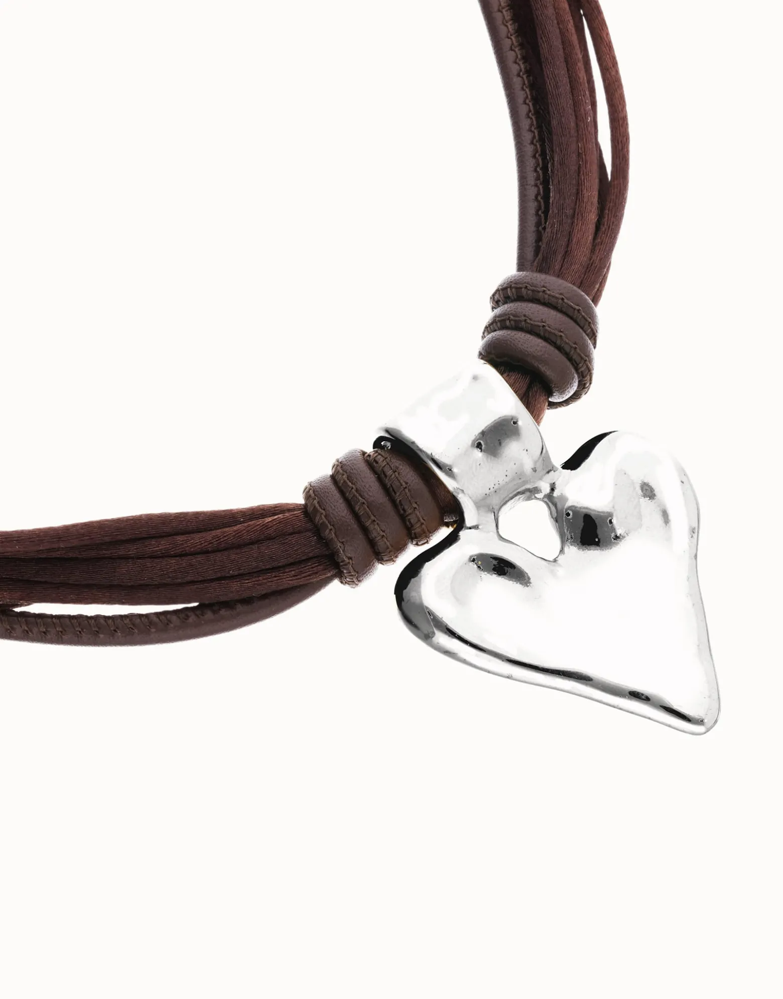 Brown leather and silk thread necklace with heart detail