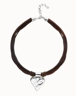 Brown leather and silk thread necklace with heart detail