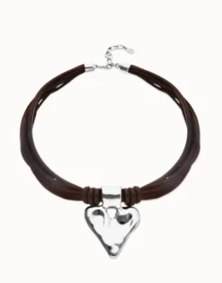 Brown leather and silk thread necklace with heart detail