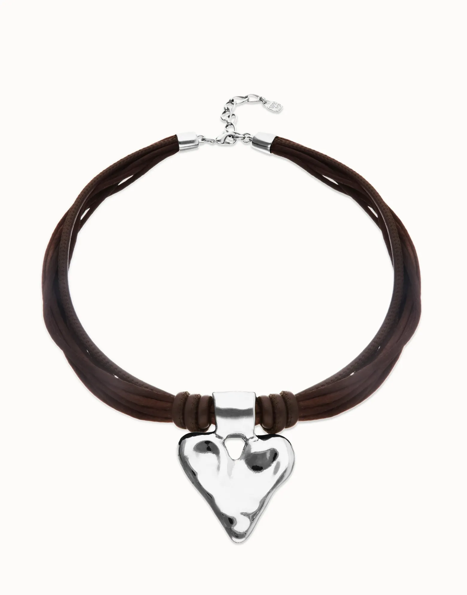 Brown leather and silk thread necklace with heart detail