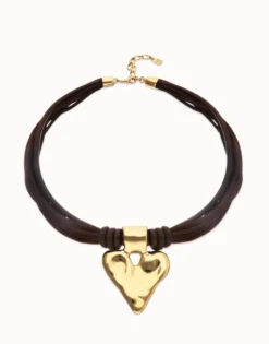 Brown leather and silk thread necklace with heart detail
