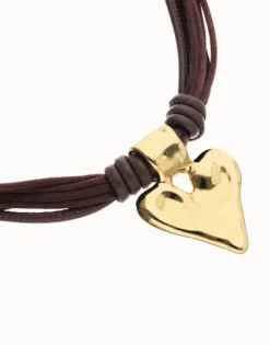 Brown leather and silk thread necklace with heart detail