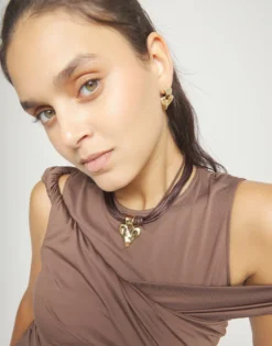 Brown leather and silk thread necklace with heart detail