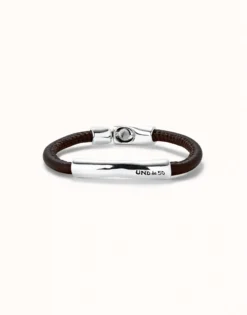 Brown leather bracelet with sterling silver-plated central detail