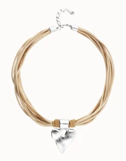 Camel leather and silk thread necklace with heart detail