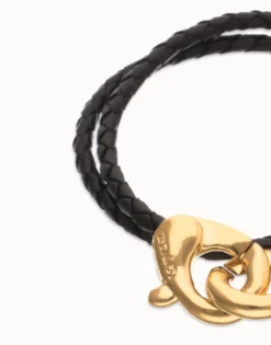 Double black leather bracelet with interlocking carabiner