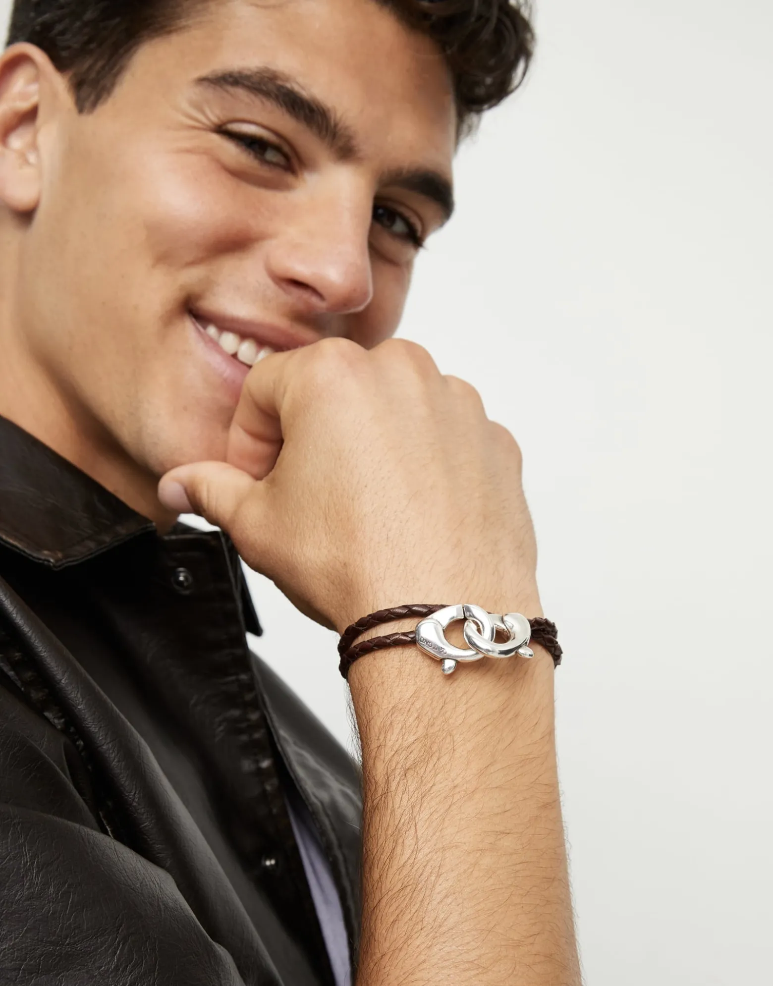 Double black leather bracelet with interlocking carabiner