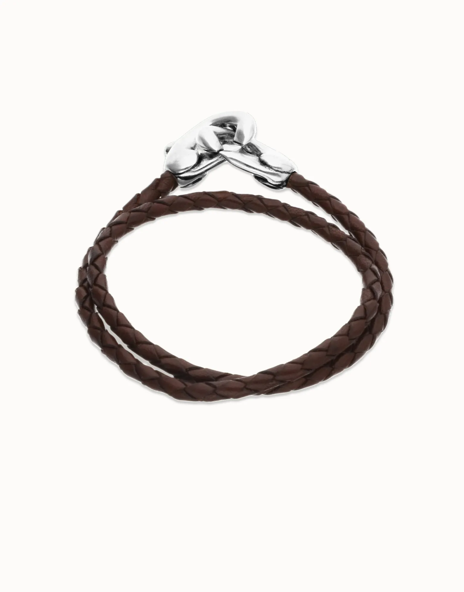 Double brown leather bracelet with interlocking carabiner