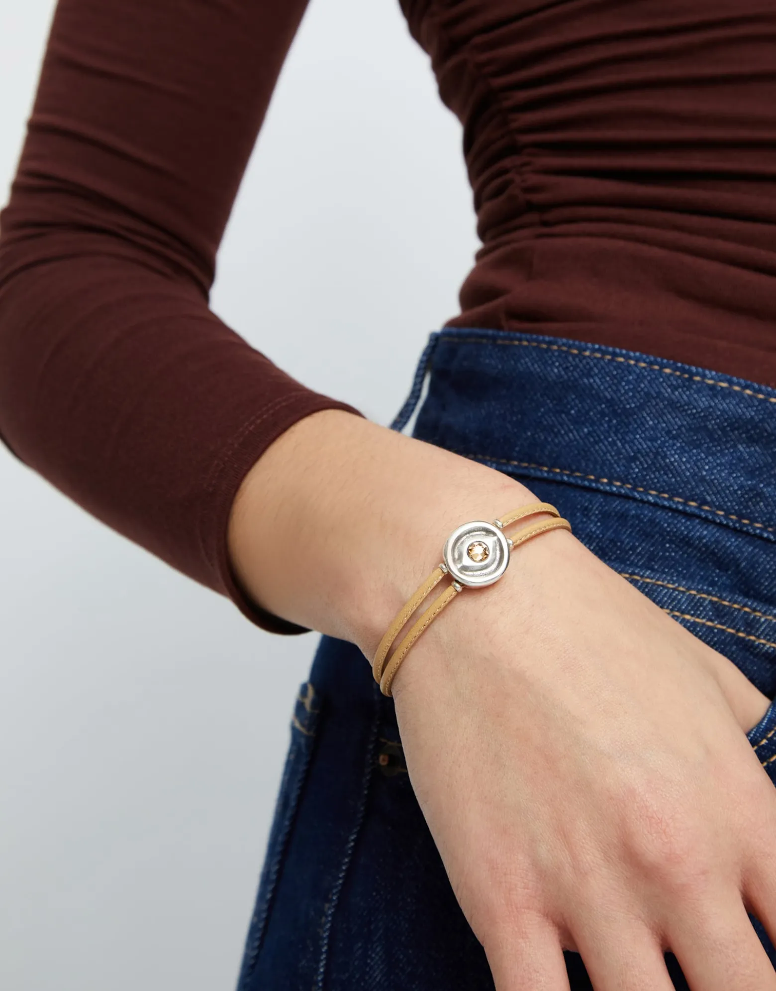 Double cream leather birthstone bracelet with eye