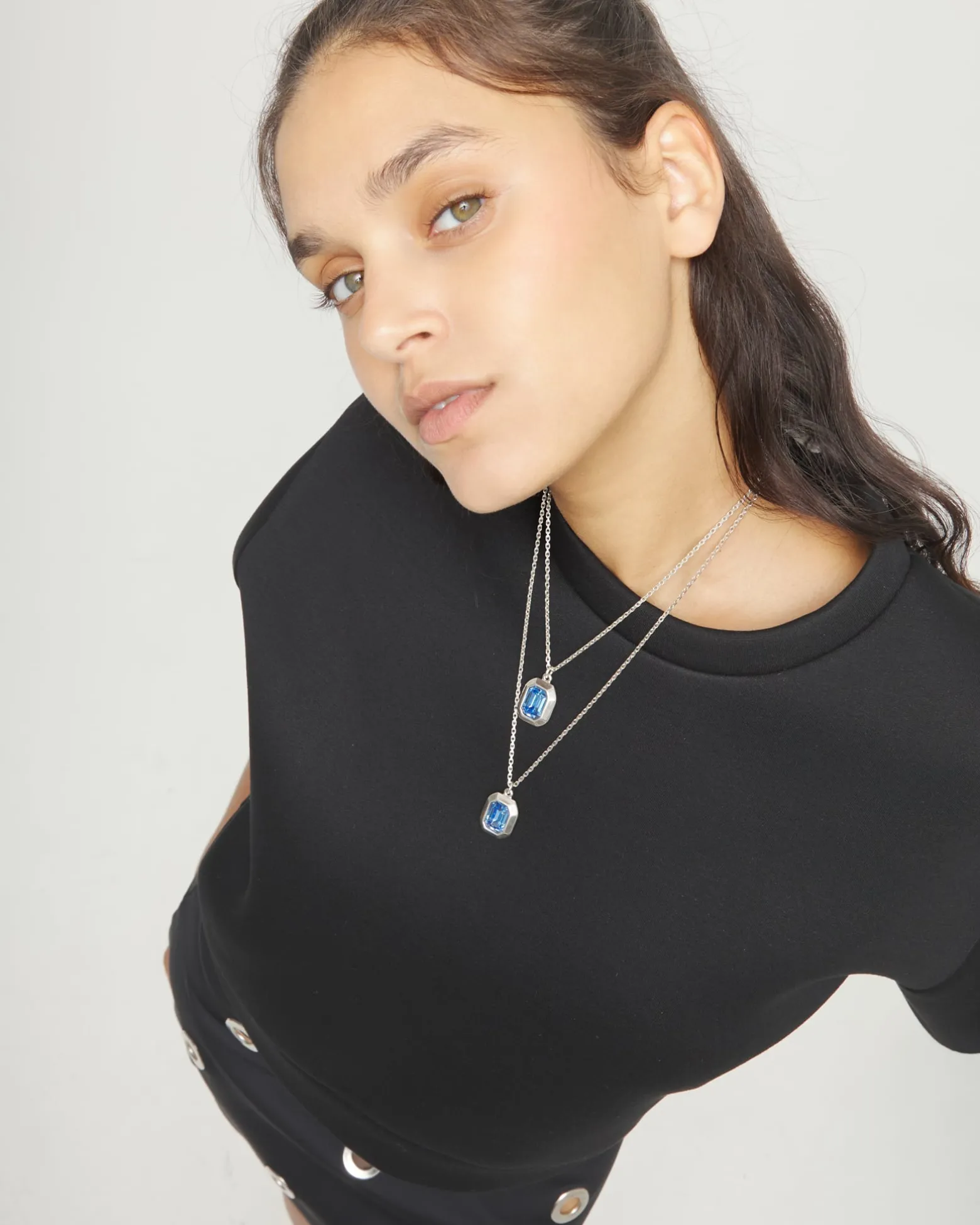 Double necklace with two rectangular faceted crystals