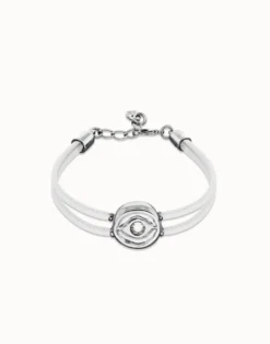 Double white leather birthstone bracelet with eye