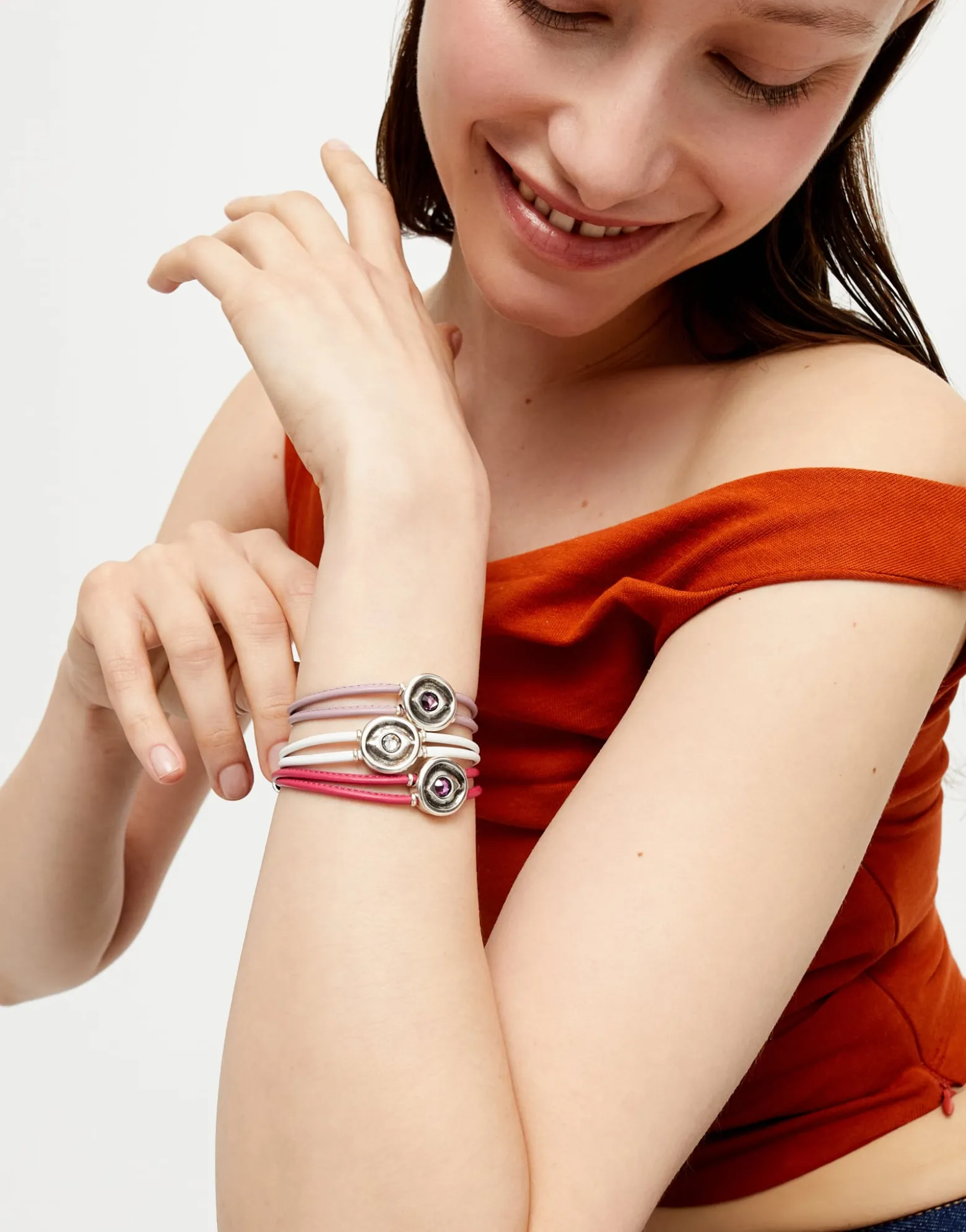 Double white leather birthstone bracelet with eye