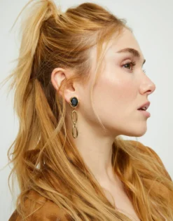 Drop earrings with faceted black crystal and links