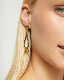 Drop leather earrings with sphere detail