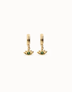 Eye-shaped drop earrings with green crystal