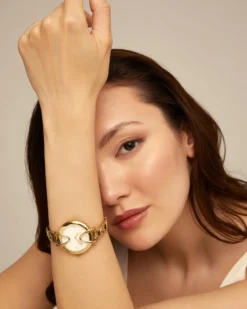 18K gold-plated watch with metal strap and round white dial