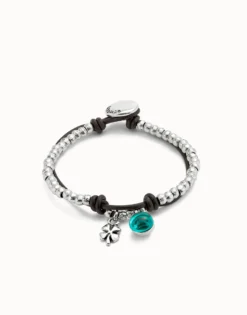 Leather beaded bracelet with green murano glass