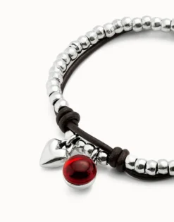 Leather beaded bracelet with red murano glass