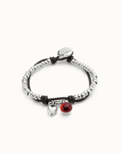 Leather beaded bracelet with red murano glass