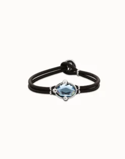 Leather bracelet with blue oval faceted crystal