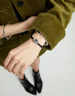 Leather bracelet with faceted black oval crystal