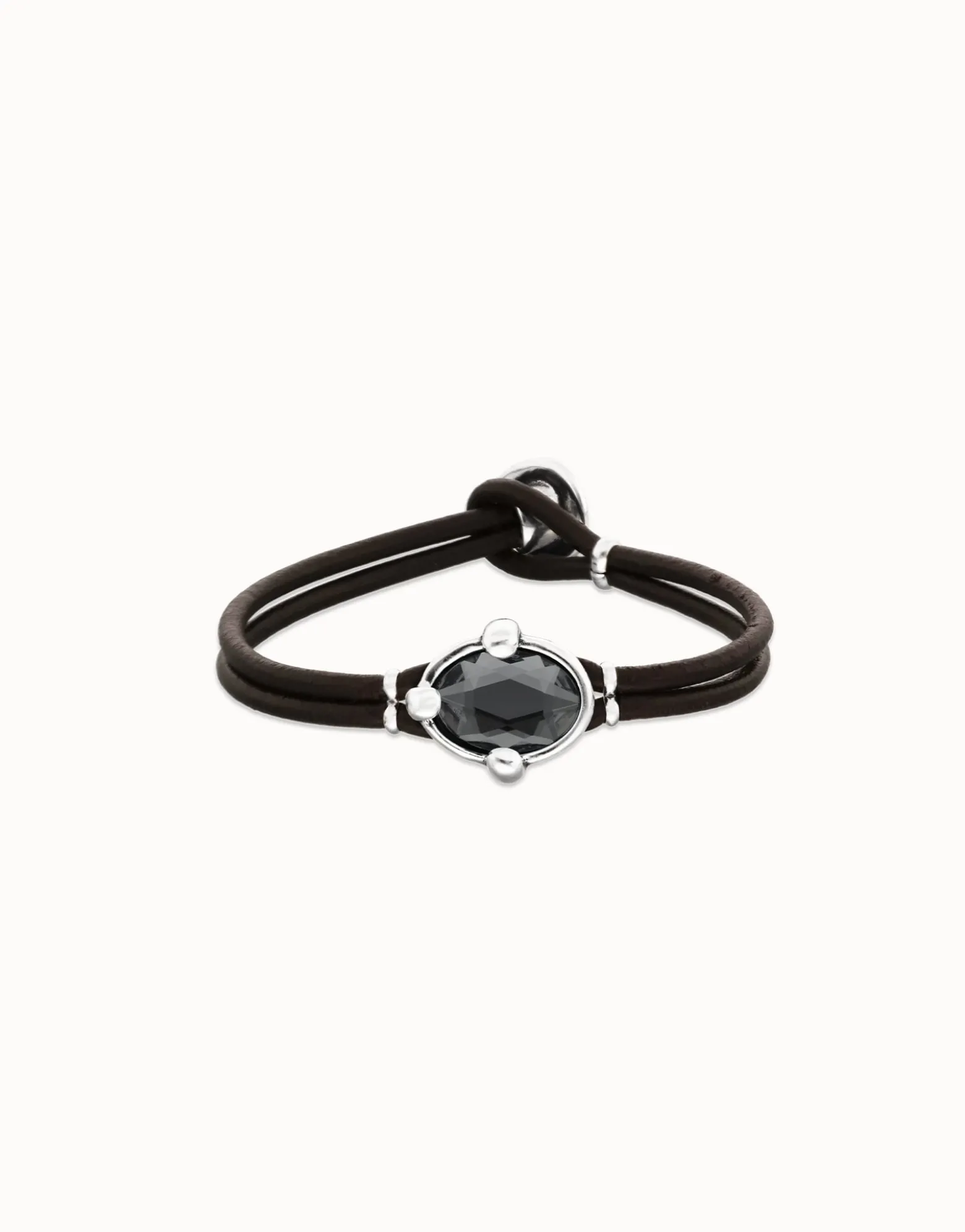 Leather bracelet with faceted black oval crystal
