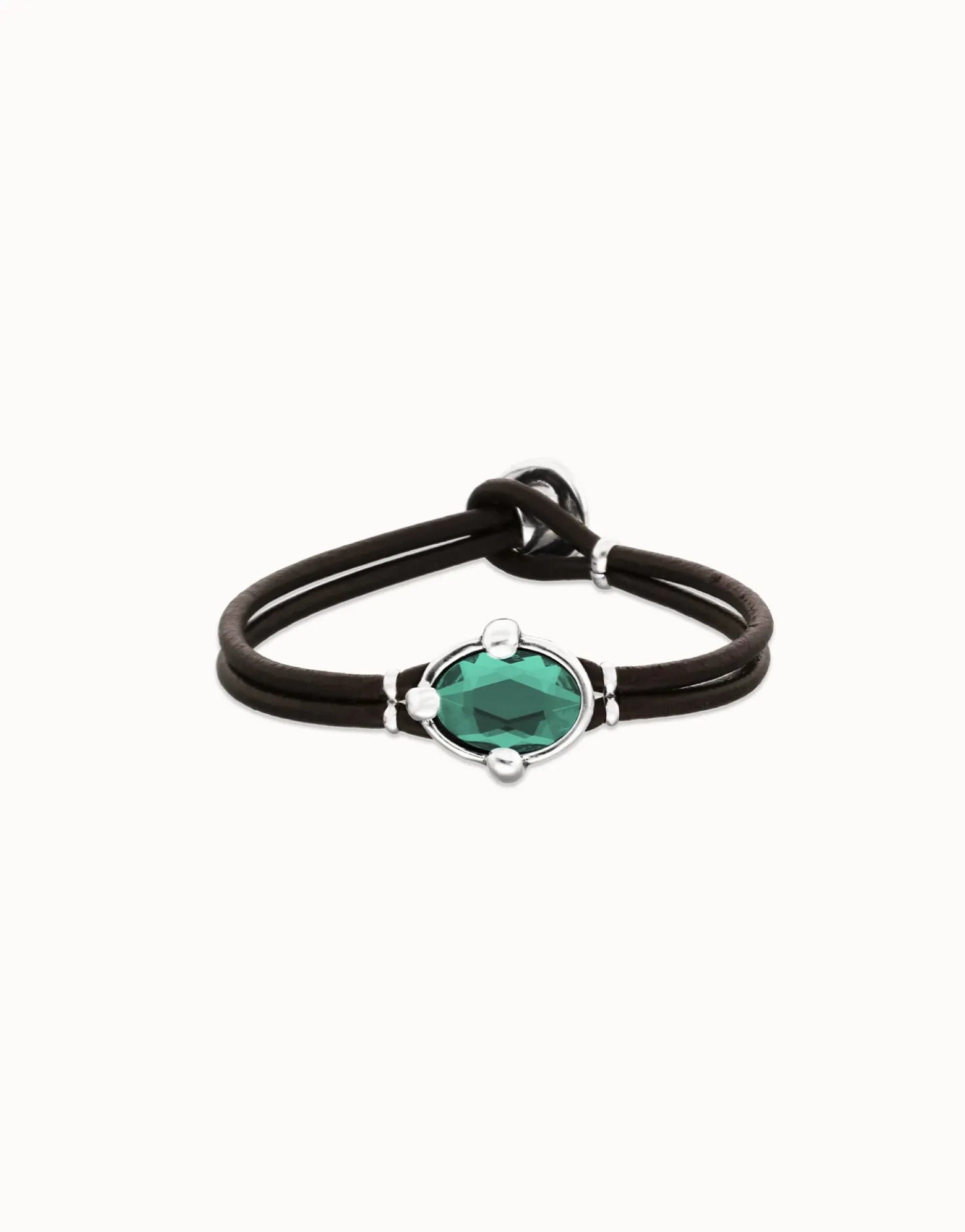 Leather bracelet with green oval faceted crystal
