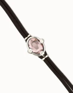 Leather bracelet with pink oval faceted crystal