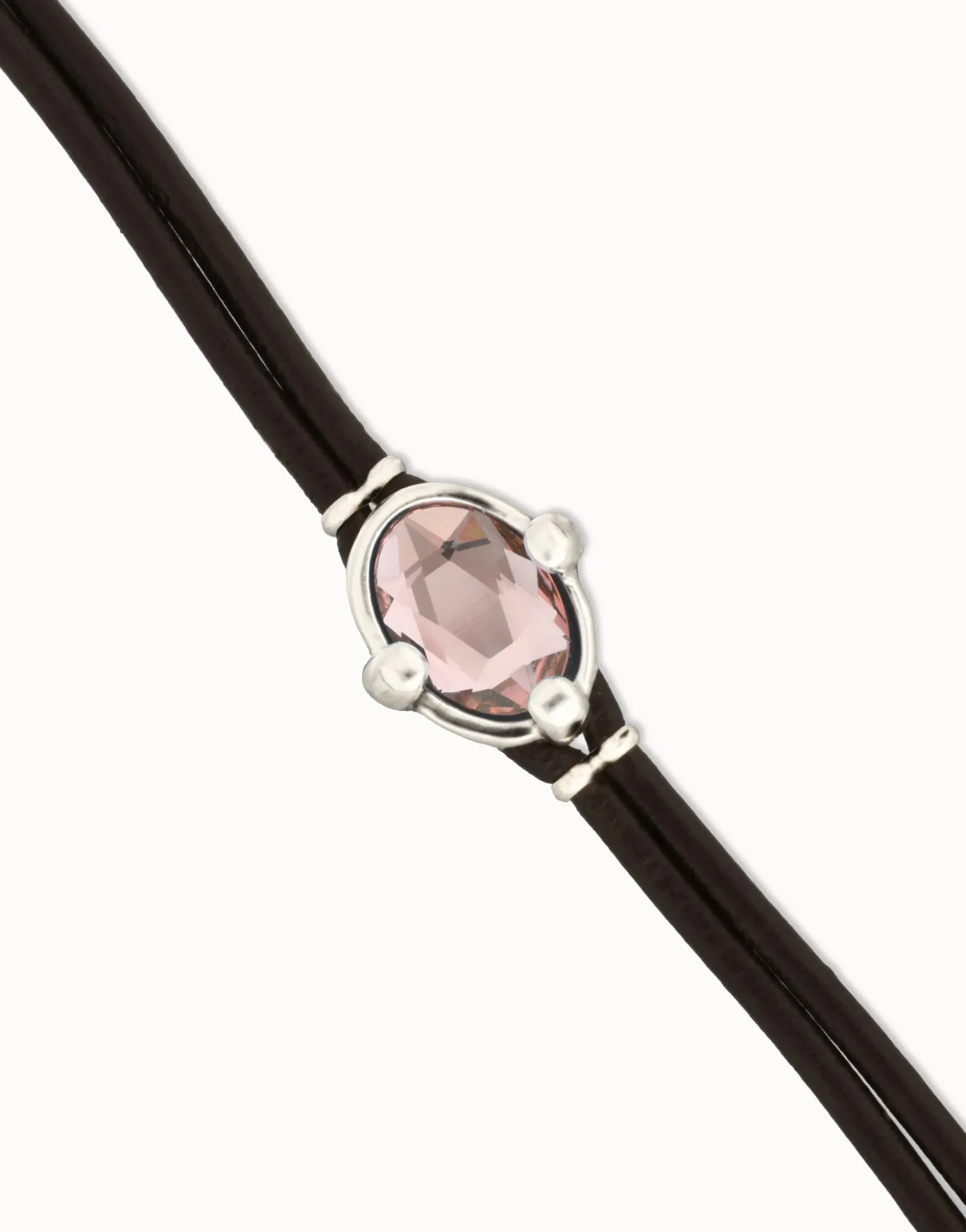 Leather bracelet with pink oval faceted crystal