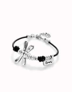 Leather bracelet with sterling silver-plated dragonfly