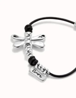 Leather bracelet with sterling silver-plated dragonfly
