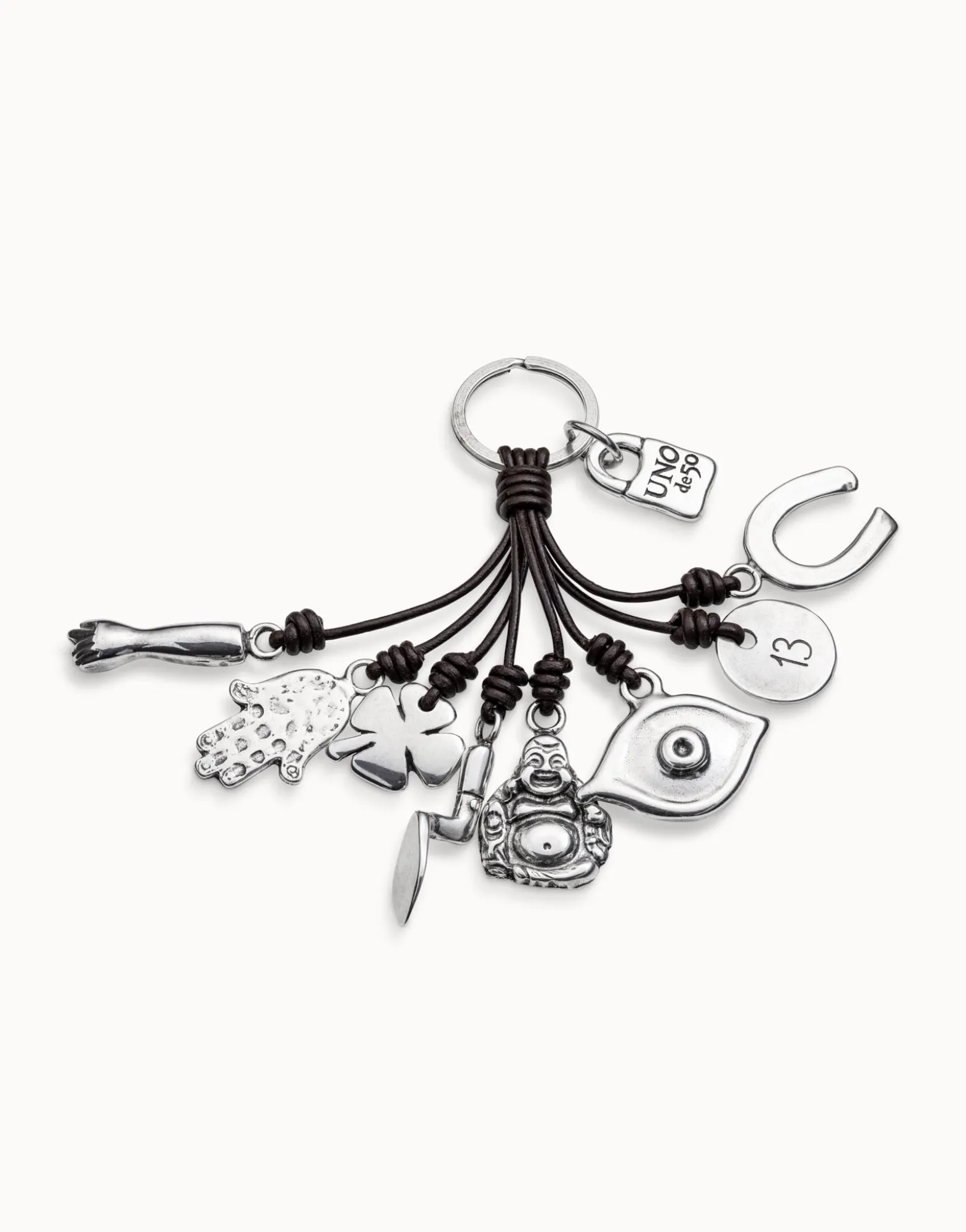 Leather key-ring and sterling silver-plated charms